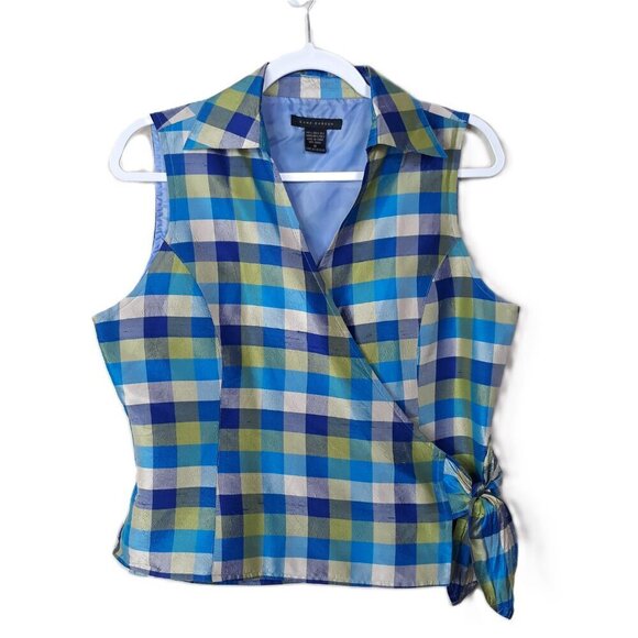 Lot-Anne Carson Silk Blue Plaid Cropped Wrap Top & Green Plaid Top M Sleeveless - Picture 2 of 13